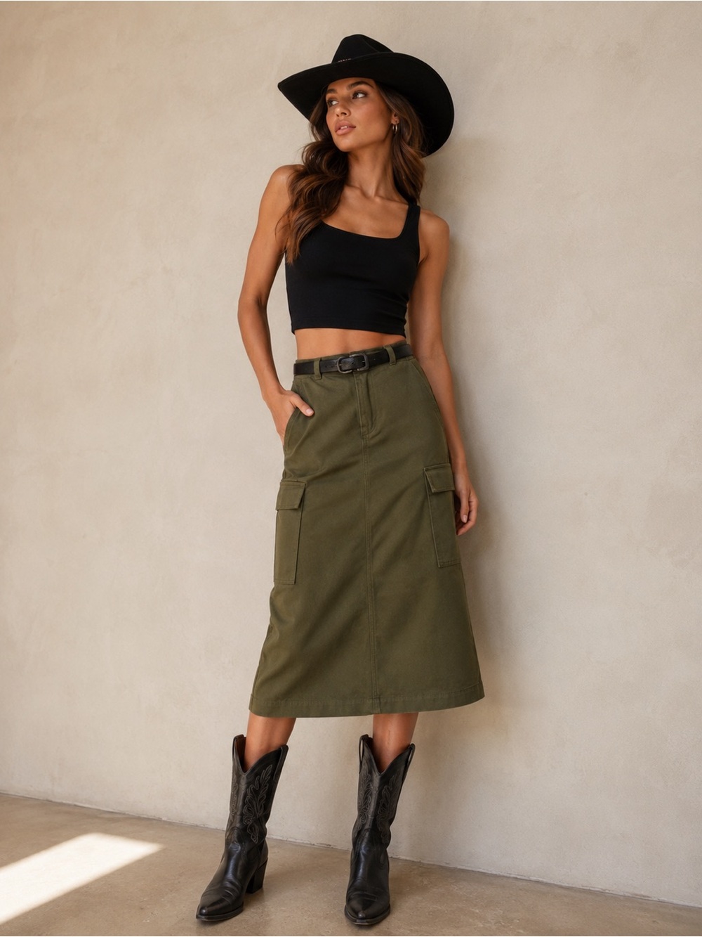 ANTONIO MELANI Olive Midi Skirt with Pockets